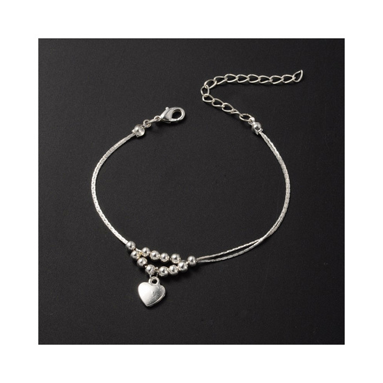 Lovely silver-tone beads and heart charm double strand anklet