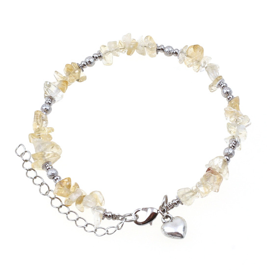 Lovely Rutilated Quartz gemstone chips with silver-tone beads and heart charm anklet