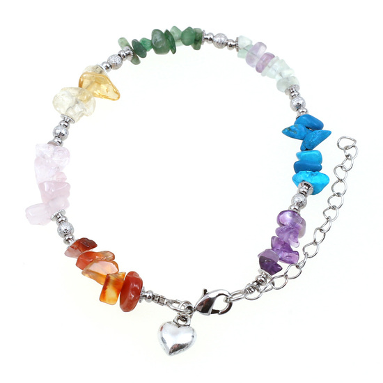 Lovely multi gemstone chips with silver-tone beads and hearts