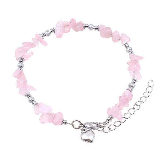 Lovely Rose Quartz gemstone chips with silver-tone beads and heart charm anklet