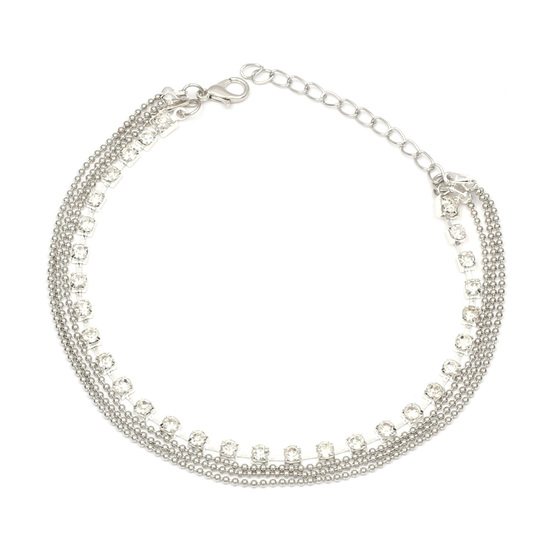Clear crystals silver-tone anklet with triple strand ball chain