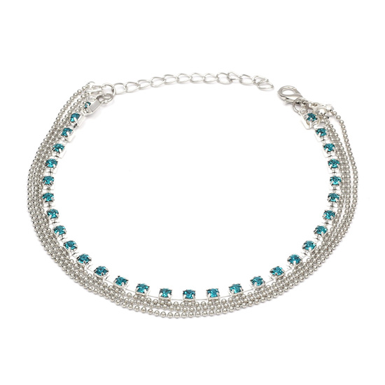 Sky blue crystals silver-tone anklet with triple strand ball chain