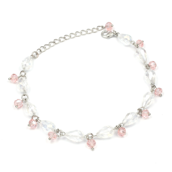 Pink faceted glass beads with teardrop beads silver-tone anklet