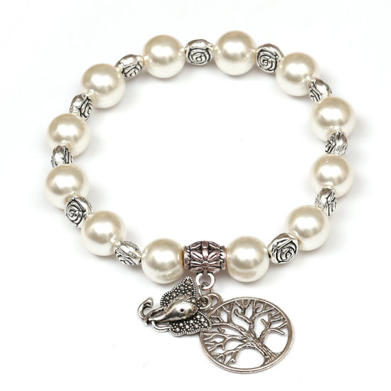 Glass Pearl Tibetan Style Beads Stretchy Bracelet withTree of Life & Elephant Pendants (Ivory Colour)