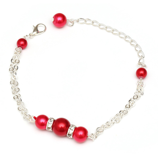 Red glass pearl bead and rhinestone link bracelet...