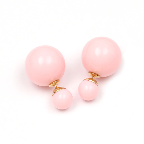 Double sided pink resin ball ear studs