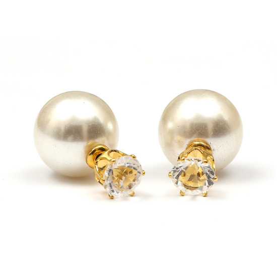 Double sided white acrylic pearl with rhinestone ear studs