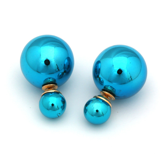 Double sided ocean blue UV plating resin ball ear studs