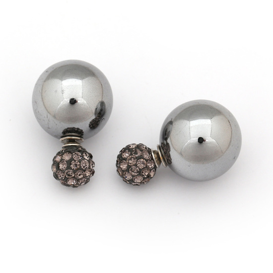 Double sided grey acrylic ball with polymer clay rhinestone ear studs