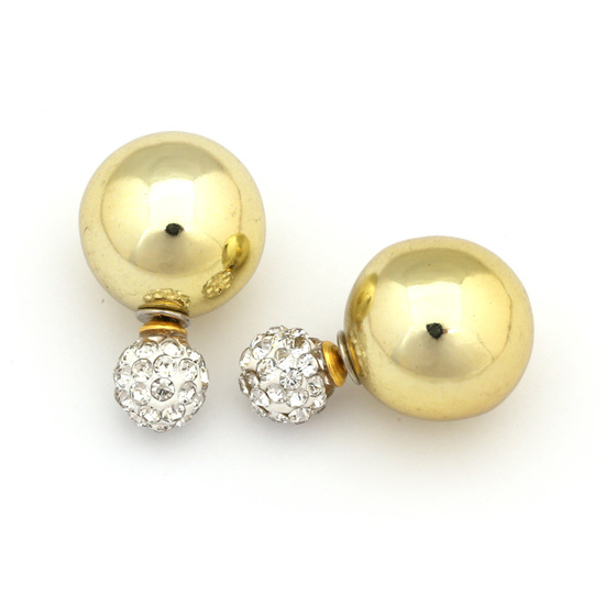 Double sided gold-tone acrylic ball with polymer clay rhinestone ear studs