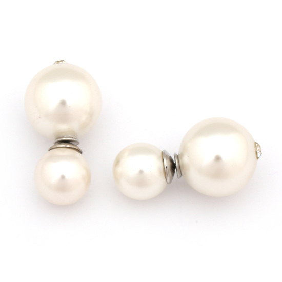 Double sided white ABS pearl with rhinestone ear studs