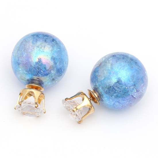 Double sided blue electroplated resin ball with rhine stone ear studs