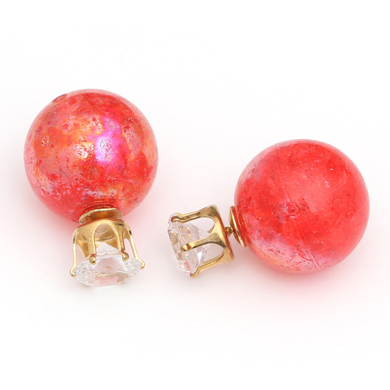 Double sided red electroplated resin ball with rhine stone ear studs