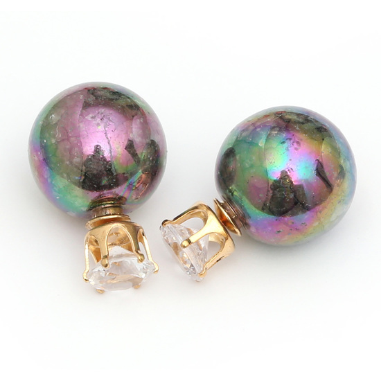 Double sided gray electroplated resin ball with rhine stone ear studs