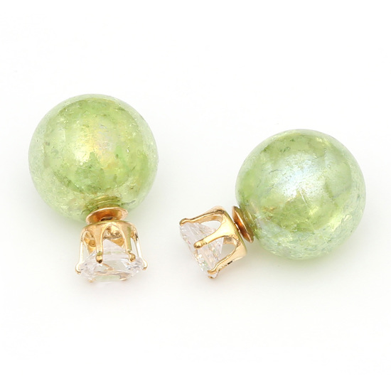 Double sided light green electroplated resin ball with rhine stone ear studs