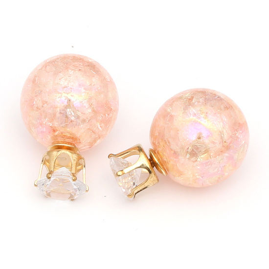 Double sided pink electroplated resin ball with rhine stone ear studs