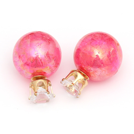 Double sided fuchsia electroplated resin ball with rhine stone ear studs