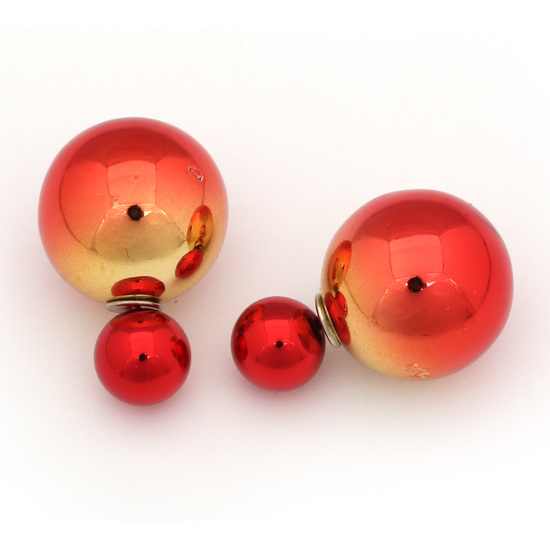 Vivid double sided indian red and yellow electroplated resin ball ear studs
