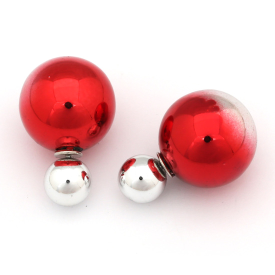 Vivid double sided coral and silver-tone electroplated resin ball ear studs