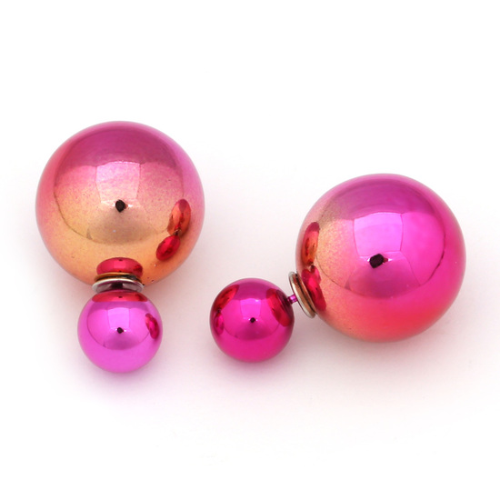 Vivid double sided magenta and yellow electroplated resin ball ear studs