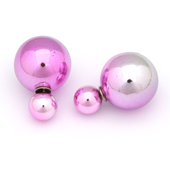 Vivid double sided plum and silver-tone electroplated resin ball ear studs