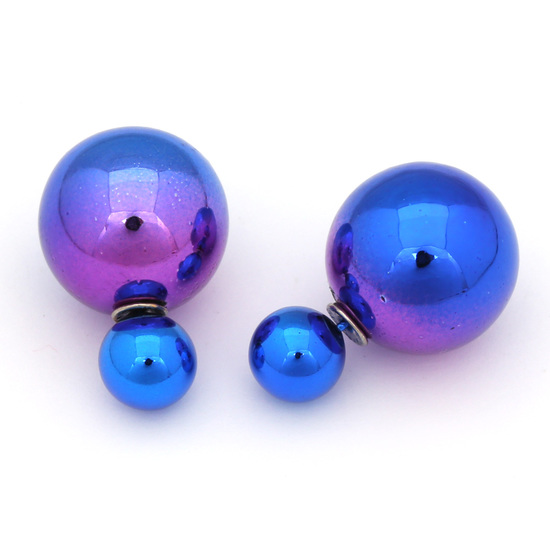 Vivid double sided Royal blue and pink electroplated resin ball ear studs
