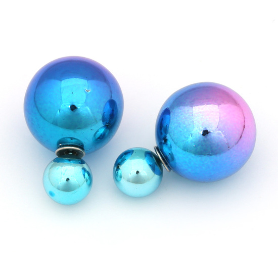 Vivid double sided medium purple and sky blue electroplated resin ball ear studs