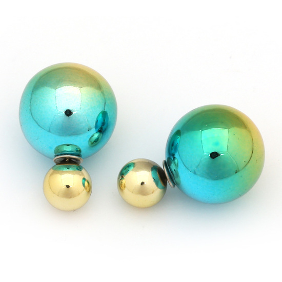 Vivid double sided green and yellow electroplated resin ball ear studs