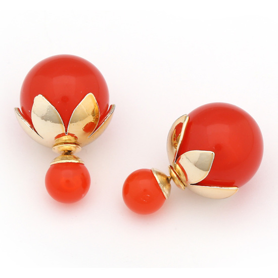 Double sided red resin ball with gold-tone leaf bead cap ear studs
