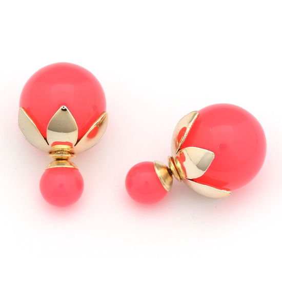 Double sided hot pink resin ball with gold-tone leaf bead cap ear studs