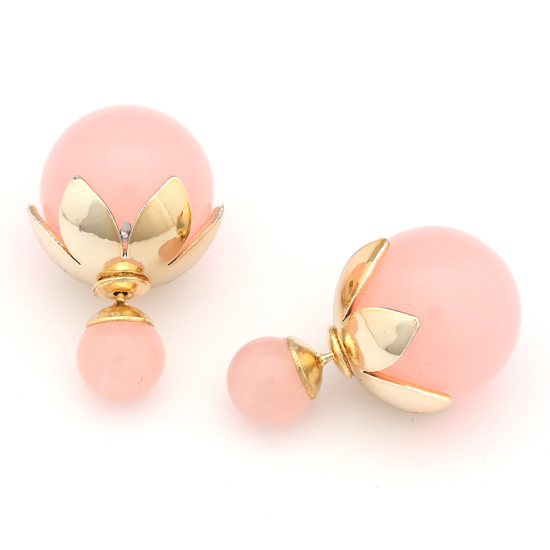 Double sided pearl pink resin ball with gold-tone leaf bead cap ear studs