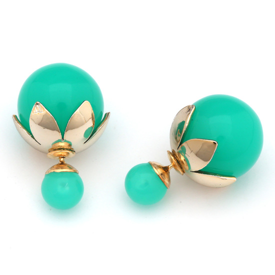 Double sided medium turquoise resin ball with gold-tone leaf bead cap ear studs