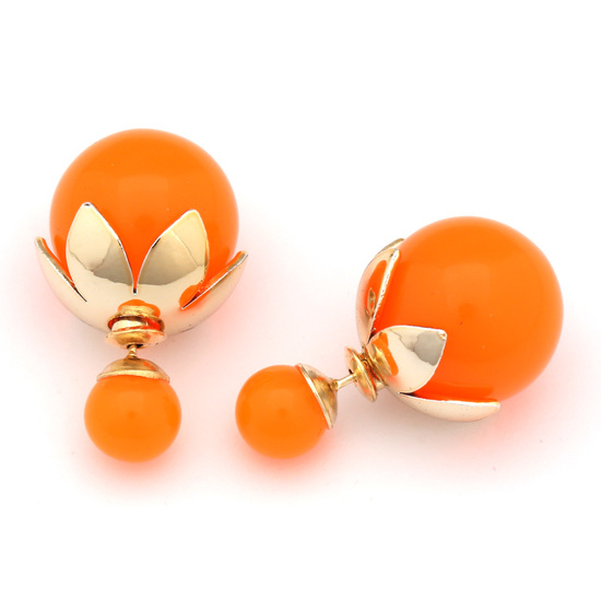 Double sided orange resin ball with gold-tone leaf bead cap ear studs