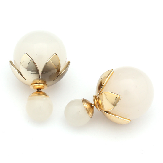 Double sided white resin ball with gold-tone leaf bead cap ear studs