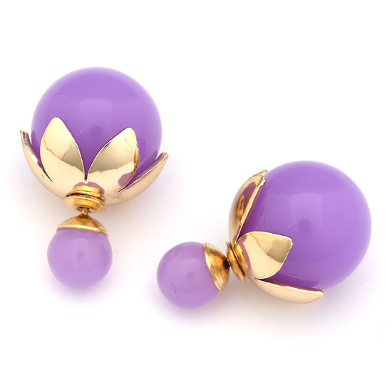 Double sided purple resin ball with gold-tone leaf bead cap ear studs