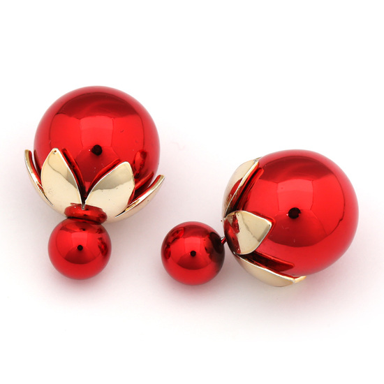 Double sided red electroplate resin ball with gold-tone leaf bead cap ear studs