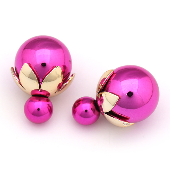 Double sided magenta electroplate resin ball with gold-tone leaf bead cap ear studs