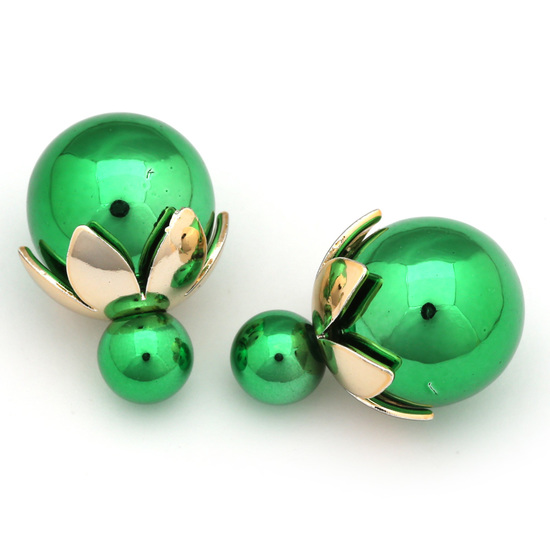 Double sided lime green electroplate resin ball with gold-tone leaf bead cap ear studs