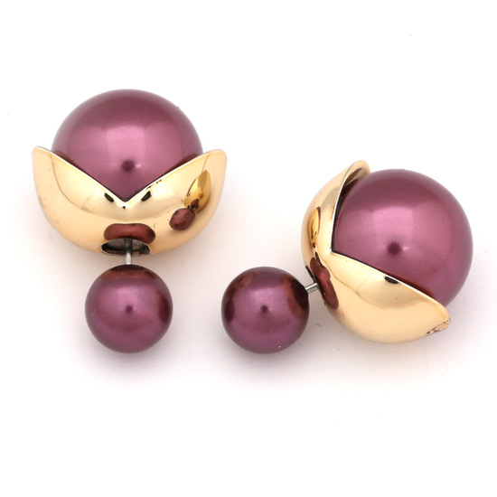 Double sided medium orchid electroplate resin ball with gold-tone leaf ear studs