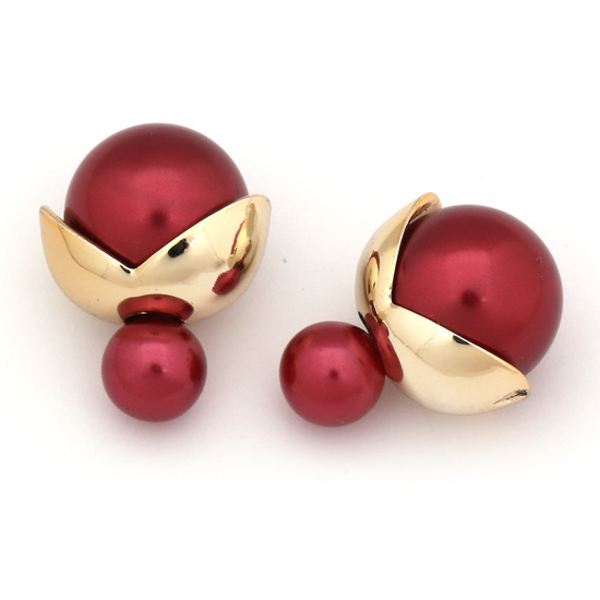 Double sided dark red electroplate resin ball with gold-tone leaf ear studs