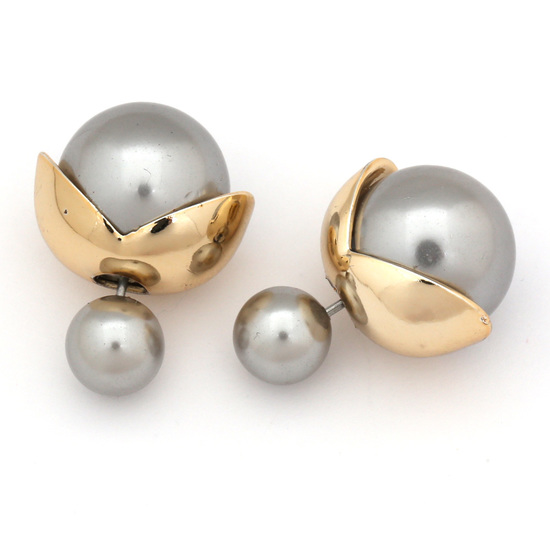 Double sided grey electroplate resin ball with gold-tone leaf ear studs