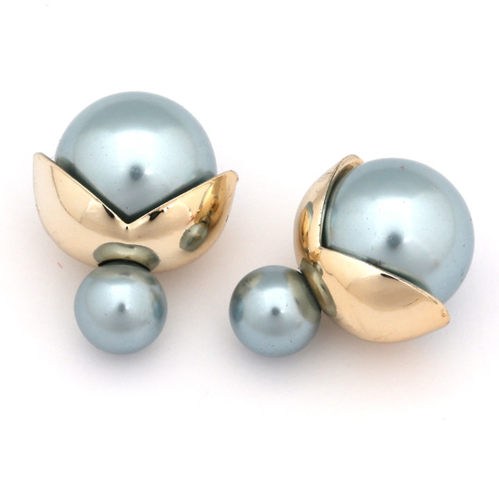 Double sided blue electroplate resin ball with gold-tone leaf ear studs