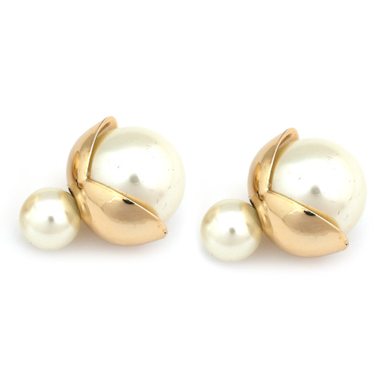 Double sided ivory color electroplate resin ball with gold-tone leaf ear studs