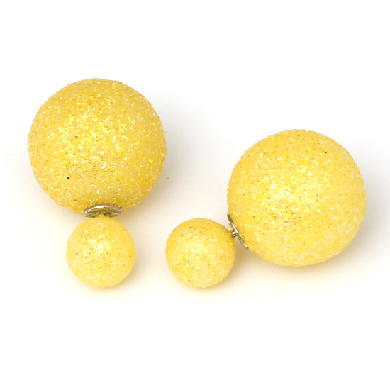 Double sided yellow frosted plastic glitter pearl ball ear studs