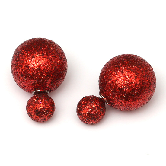 Double sided red frosted plastic glitter pearl ball ear studs