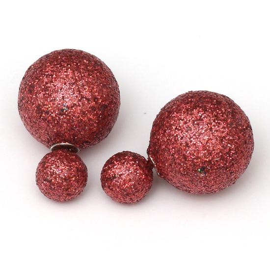 Double sided dark coral frosted plastic glitter pearl ball ear studs