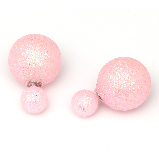 Double sided pink frosted plastic glitter pearl ball ear studs