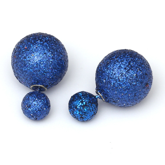 Double sided blue frosted plastic glitter pearl ball ear studs