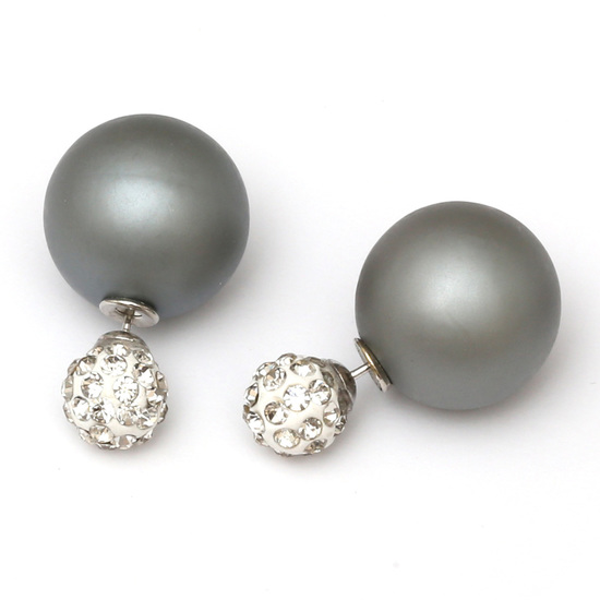 Double sided gray frosted plastic pearl with polymer clay rhinestone ball ear studs