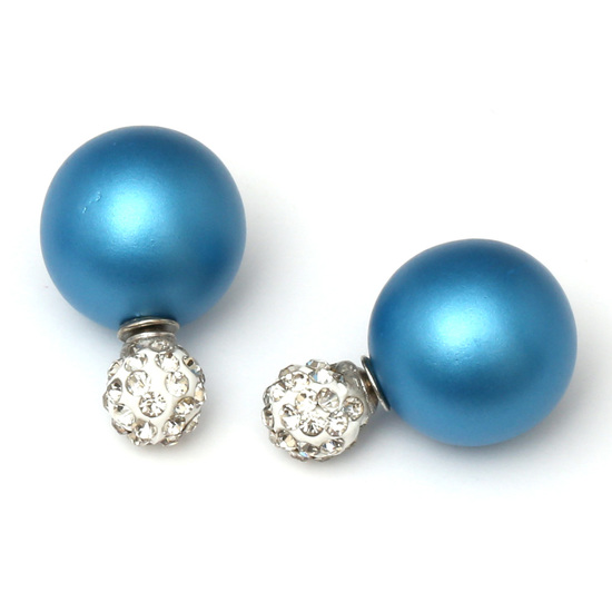 Double sided dodgerblue frosted plastic pearl with polymer clay rhinestone ball ear studs